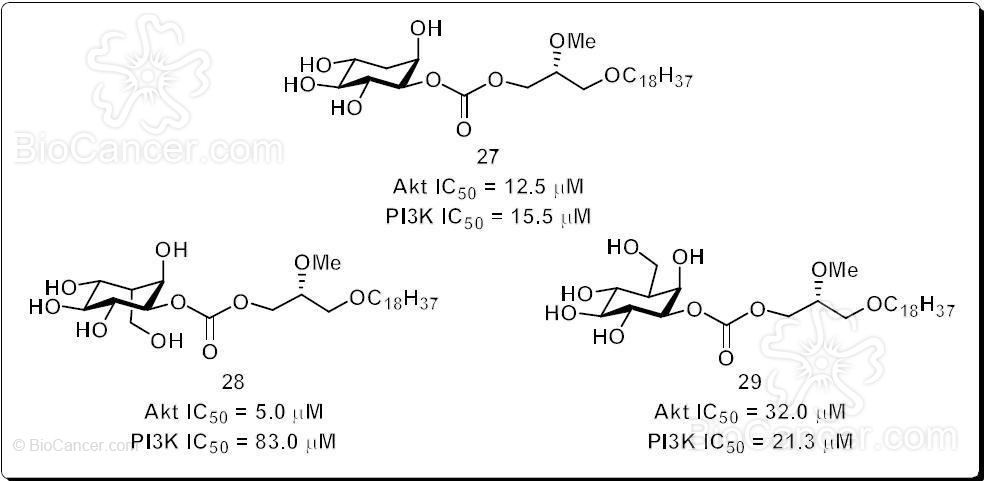 Estructura química de los derivados 27, 28 y 29, en los cuales el grupo funcional de unión entre el anillo de inositol y la cadena lipídica, corresponde a un carbonato